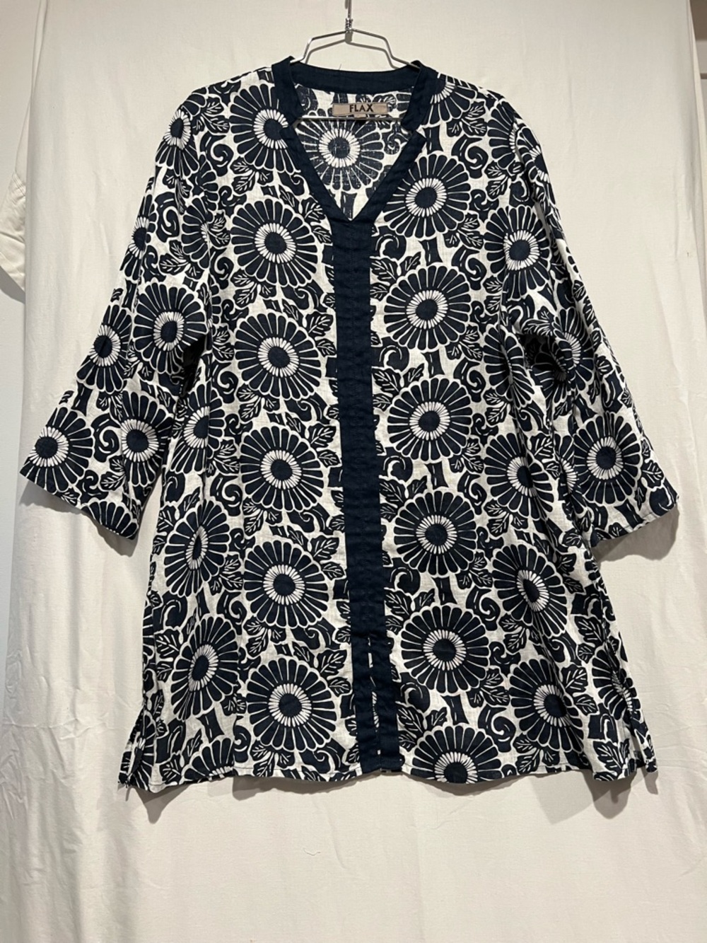 FLAX Linen Floral Tunic Top Blue White Relaxed Fit Side Slits 3/4 Sleeve
